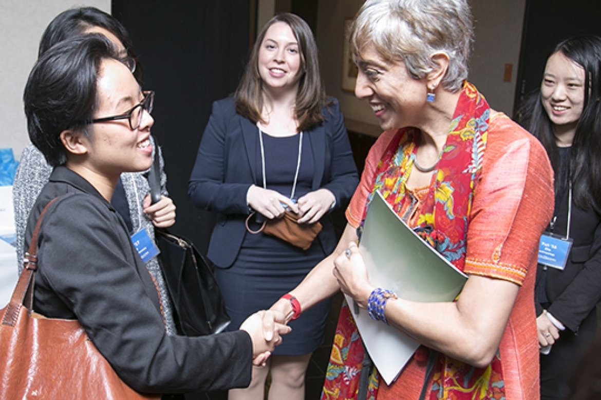 Kavita Ramdas ’85 greets Mount Holyoke College students.