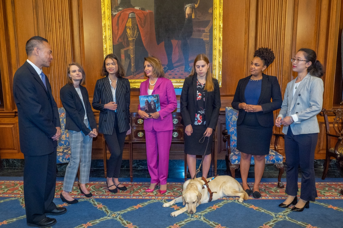 Rep. Nancy Pelosi met with (from left) Associate Professor Cavin Chen and students Beth Wagoner ’19, Linh Nguyen ’19, Melissa Carney ’19, Angelica Mercado ’19 and Jiayu Wang ’19 in the Capitol’s Rayburn Reception Room.