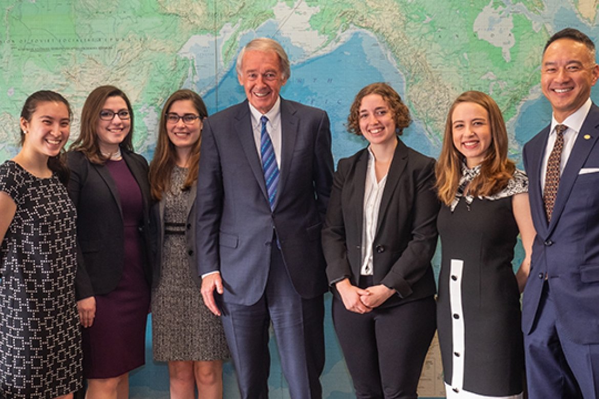 The spring 2019 MHC Semester in D.C. cohort poses with Sen. Ed Markey. From left: Olivia Vejcik, Izabella Czejdo, Brigit Wolf, Sen. Markey, Sarah Bloomgarden, Maya Hoffman and Associate Professor Calvin Chen.