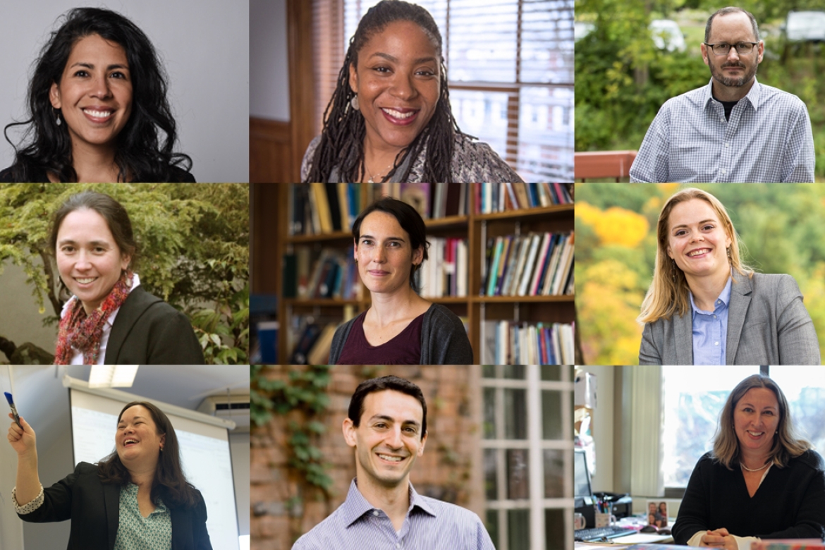 Nine faculty members have been granted tenure. Top row, l-r: Olivia Aguilar; Riché J. Daniel Barnes; Thomas Ciufo. Middle row, l-r: Naomi Darling; Nina Emery; Kerstin Nordstrom. Bottom row, l-r: Heather Pon-Barry; Jared Schwartzer; Jennifer Wallace Jacoby