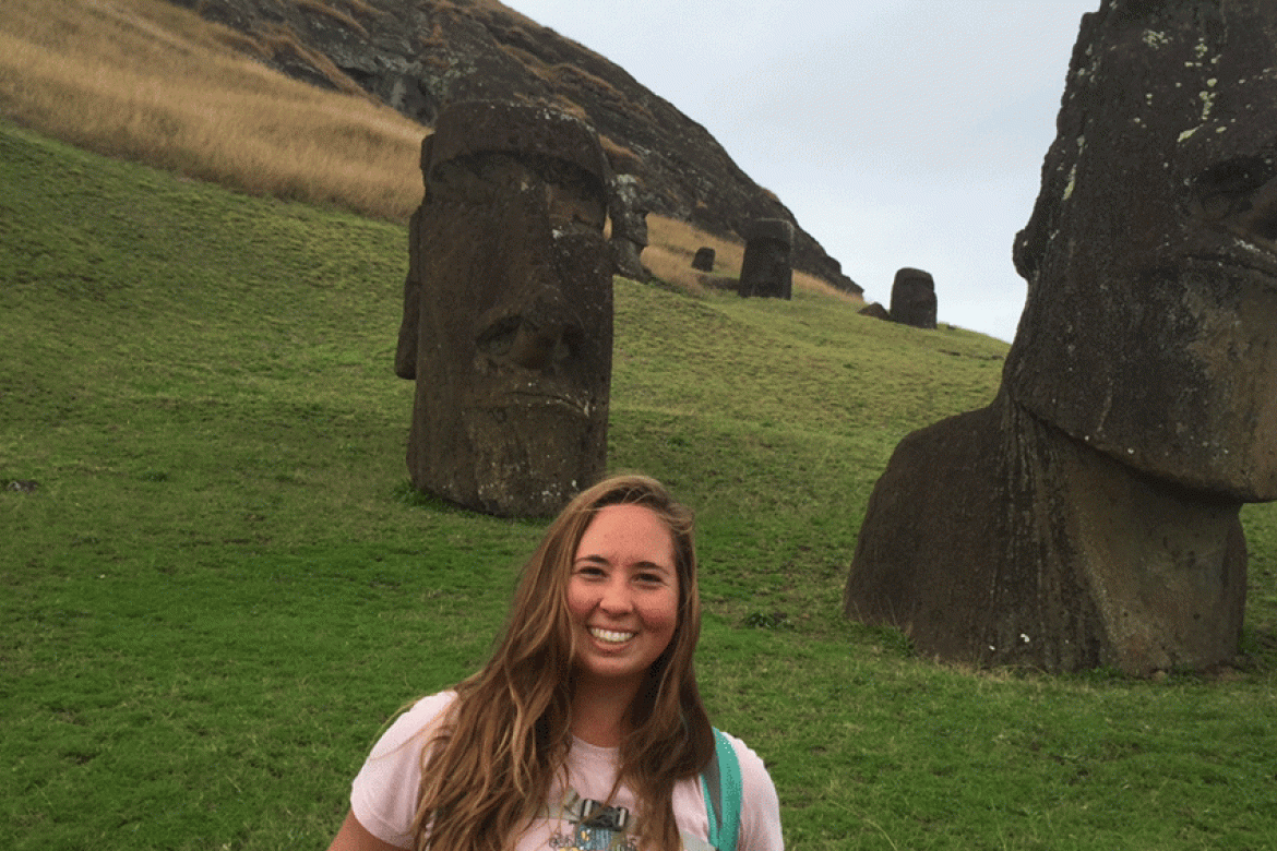 Julia Godinez with monumental statues on Easter Island / Rapa Nui.