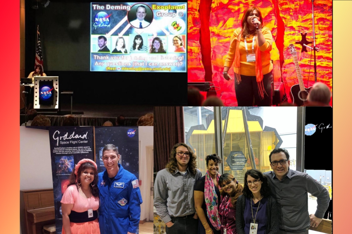 A collage of me singing at a conference, a picture of me and my team taken a few weeks ago in front of the JWST telescope at work, a picture of me giving a talk at NASA HQ last year, and meeting an astronaut at Goddard.