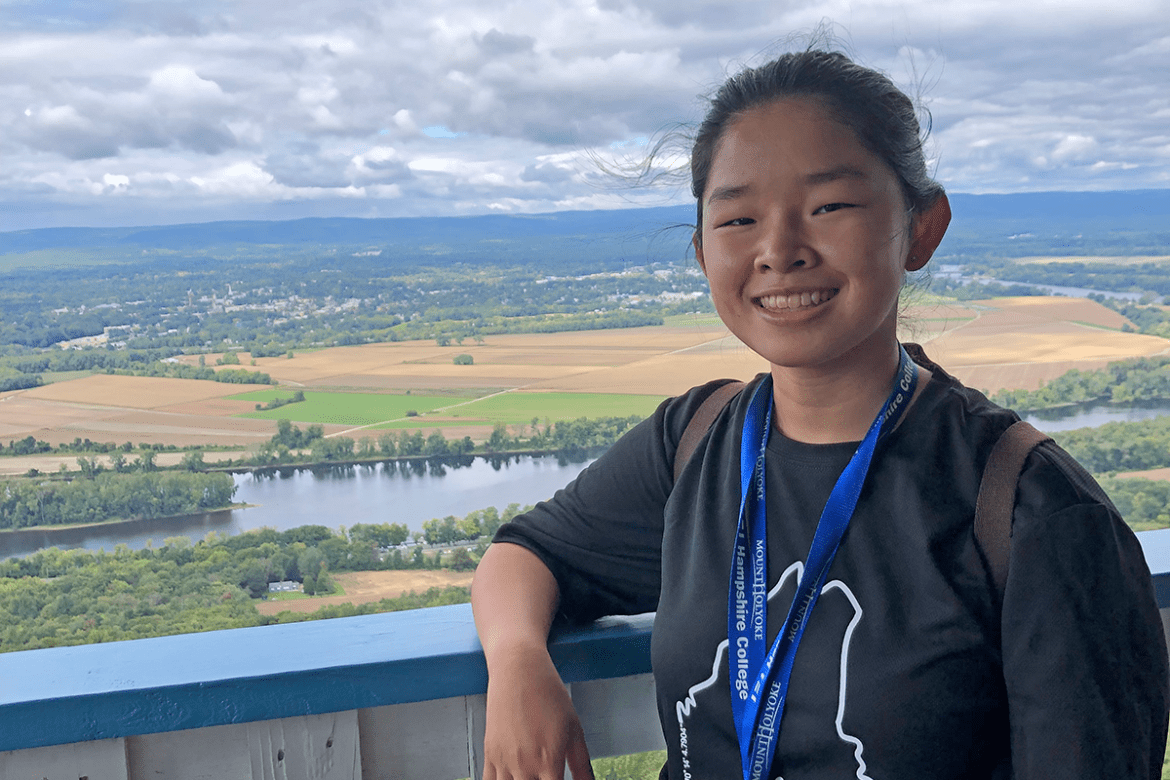 Molly Brown enjoying the view from the Summit House atop Mount Holyoke