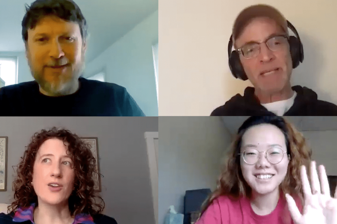 From top left to right: Zooming with Mark Shea, Sam Ace, Chisato Kimura ’22 and Katie McMenimen on their experiences with remote learning.