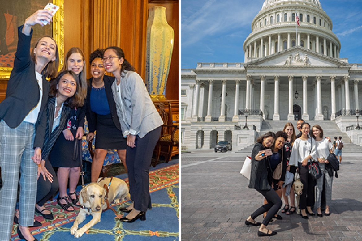 Indoor/outdoor selfies (indoor, from left): MHC Semester in D.C. seniors Beth Wagoner, Linh Nguyen, Melissa Carney, Angelica Mercado and Jiayu Wang pose in the Rayburn Reception Room in the Capitol. Calvin Chen, director, joins them outside.