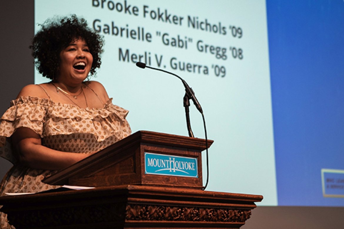 Accepting the Mary Lyon Award to young alumnae.