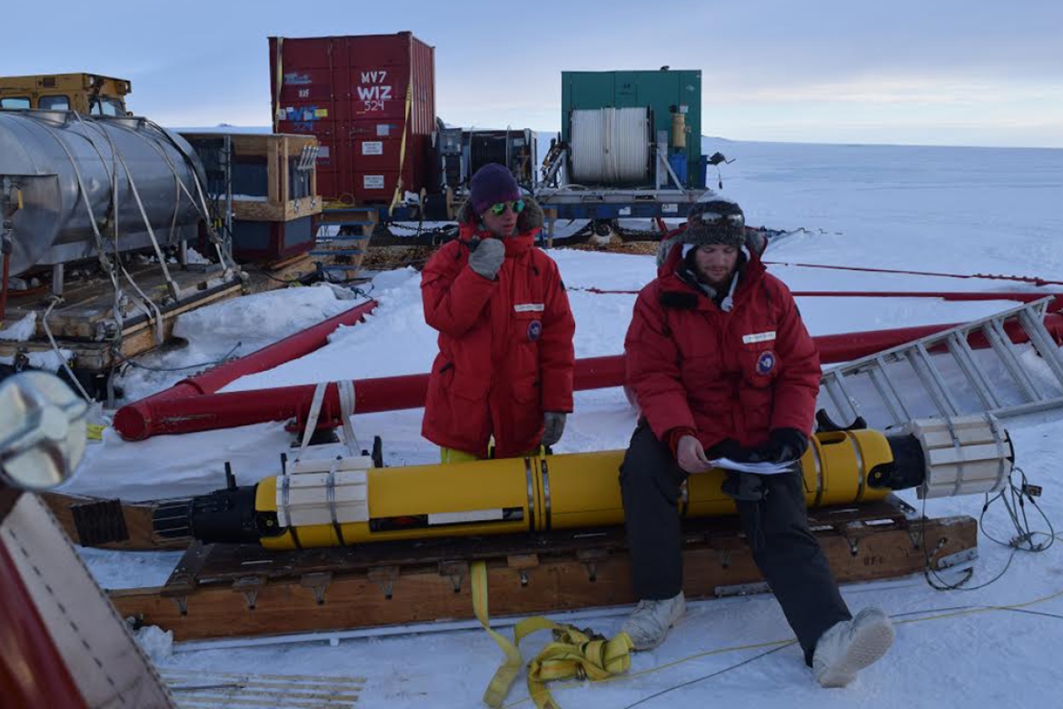 Doing research in Antarctica, Catherine Walker ’07 worked on a team that sent submersibles under the McMurdo Ice Shelf. Photo credit: Jacob Buffo, Georgia Institute of Technology