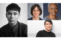 At left, Ocean Vuong; then, clockwise: Susannah Sirkin ’76, Katherine Butler Jones ’57, and Natalie Diaz