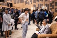 Barbara Smith ’69, speaks with a student