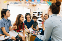 Header for the Choral Counting article. A teacher on the side and kids in the classroom on the left.