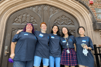 Disability Fellows posing outside of Chapin after tabling about Disability Services during Orientation in 2022. From left to right: Nic McGrath '24, Grace MacIntyre '25, Joanne Ryu '23, Earl Wren '24 and Lumeng Yang '23.