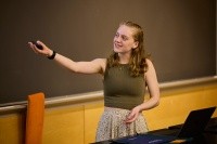 Elizabeth (Eli) Gerbi ’25, presenting at Senior Symposium at Mount Holyoke College on April 18, 2025.