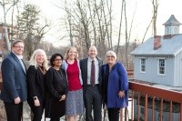 Dean of Faculty Jon Western, far left, and President Sonya Stephens, far right, pose with the 2020 Faculty Award winners prior to the closing of campus. Starting second from left: KC Haydon, Suparna Roychoudhury, Sarah Adelman and James Harold.