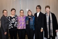 Flanked by Interim President Beverly Tatum and Provost Lisa Sullivan, Katie Berry, Renae Brodie, Karen Remmler and Iyko Day received Faculty Awards.