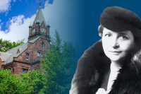 Frances Perkins overlaid on blue with Mary Lyon Hall in the background.