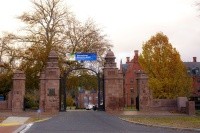 Mount Holyoke College's Gates draped with a banner celebrating International Education Week