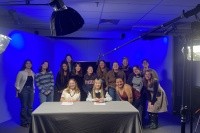 Students in the History of US Television class at the Northampton Open Media studio.