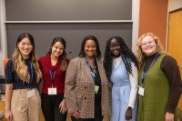 Students who presented at the LEAP Symposium pose for a photo with President Danielle R. Holley
