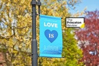 Banner for “Love is Love” on Mount Holyoke College’s campus with the Princeton Review logo in the lower right hand corner