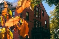 Autumn leaves in front of a building on the Mount Holyoke College campus, fall 2024. Photo by Max Wilhelm.