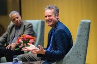 Emeritus Professor Christopher Benfey (right) discussed Anni Albers, famed artist and his great-aunt, with David W. Sanford, Elizabeth T. Kennan Professor of Music.