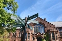 Directional sign on campus pointing to various international cities and their distance from campus.