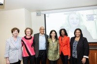 From l-r: Provost Lisa Sullivan, Eva Paus, Preston Smith II, Patricia Brennan, Patricia Banks, President Daneille R. Holley. On screen: Morena Svaldi.