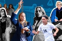 Some of the voices of 2018 (from left): Sarah McCool ’18, Mosimiloluwa Esan ’18 and Tracy Keya ’18 (back row), Linda Sarsour (seated), Kerstin Nordstrom, Carmen Cruz (standing), Claire Glover ’21 and Sonya Stephens, backed by the Community Center.