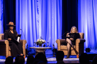Rep. Ayanna Pressley (left) and Weissman Fellow for Leadership Carmen Yulín Cruz held a lively discussion in Mount Holyoke College’s Chapin Auditorium.