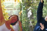 As an undergraduate, visiting artist Terre Vandale ’02 (left) danced all over campus as part of an independent study during the 2001–2002 academic year. Now Vandale is teaching students like Ali Griffin ’20 (right) about environmental dance.