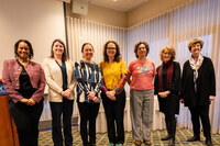 (From left to right): President Danielle R. Holley, Mara Breen, Naomi Darling, Ligia Bouton, Amina Steinfels, Sabra Thorner and Provost Lisa Sullivan.