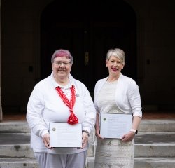 Left to Right: Sabrina L. Maurer ’90 and Julie A. Green ’95 were honored at REunion II on May 31, 2025. Not pictured: Silvia Maulini ’80, who was honored with the Medal of Honor at the 2024 European Alum Symposium in Munich, Germany, in October 2024.