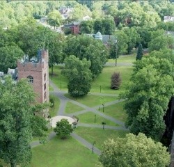 Aerial view of the quadrangle between the library and the science center