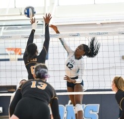 An MHC volleyball player spiking the ball