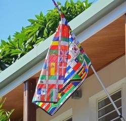 A flag comprised of small versions of flags from many countries