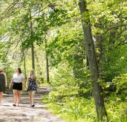 Students walking on a campus trail