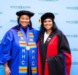 President Holley (left) and Suchi Saria ’04 at Mount Holyoke College’s Commencement in 2024