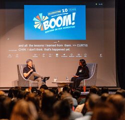 Curtis Chin and Danielle Holley in conversation for BOOM's opening plenary, 2026.