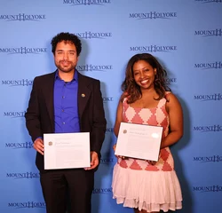 Left to Right: Genesis Berlanga ’11 and Fitsum Anley Gelaye ’15 were honored on April 30, 2026, and the Student Leadership and Service Awards ceremony