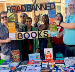 Mount Holyoke and Oydssey Bookstore staff at a Banned Books pop up tabling event, 2025.