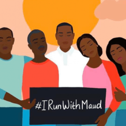 Illustration of a group of people holding a sign that says "#IRunWithMaud"