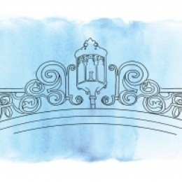 A drawing of the gates of MHC with blue watercolor behind it.