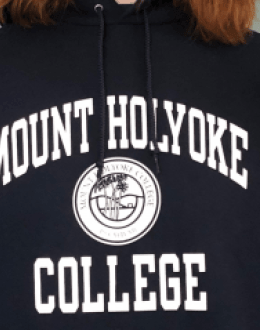 Close-up of the front of a Mount Holyoke College sweatshirt