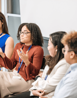 A panel of students having a discussion with the audience during LEAP