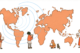 Illustration of the world, with people in various dress studying. Illustration by Marina Li.