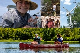A collage of photos: a student with a puffin, students doing experiments in the waterways, a student in the dining hall, a weather station and students in a canoe