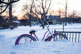 A pink bicycle locked to a bike rack and nearly buried in snow