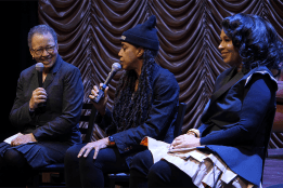Interim President Beverly Daniel Tatum speaking with Suzan-Lori Parks ’85 and Debra Martin Chase ’77 on stage following a performance of “Topdog/Underdog”