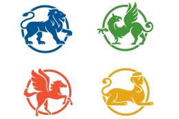 Four class symbols: blue lion, green griffin, red pegasus and yellow sphinx