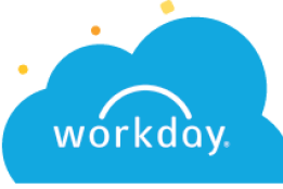 Workday logo in white over a blue cloud shaped background